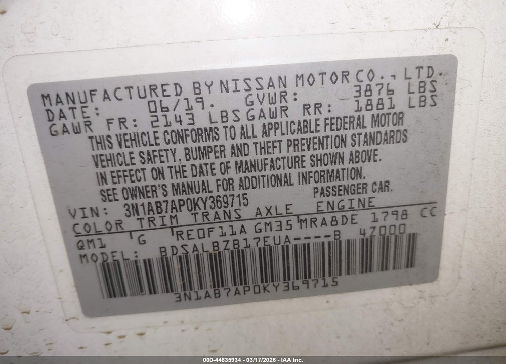 2019 NISSAN SENTRA S VIN: 3N1AB7AP0KY369715