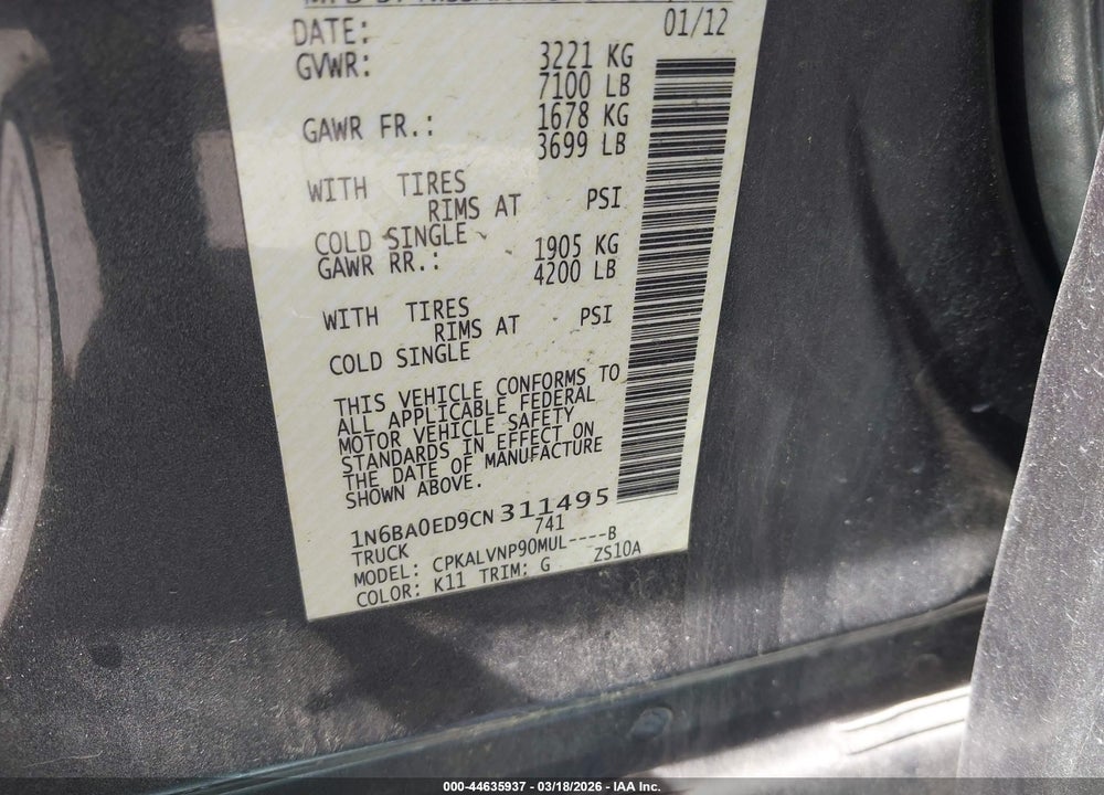 2012 NISSAN TITAN SL VIN: 1N6BA0ED9CN311495