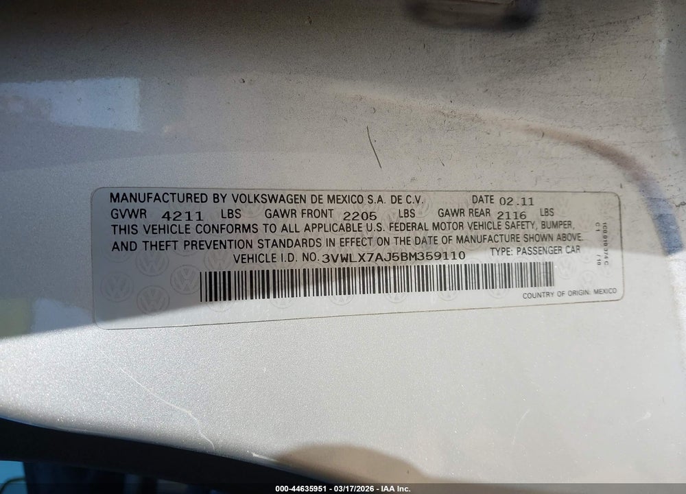 2011 VOLKSWAGEN JETTA 2.5L SEL VIN: 3VWLX7AJ5BM359110