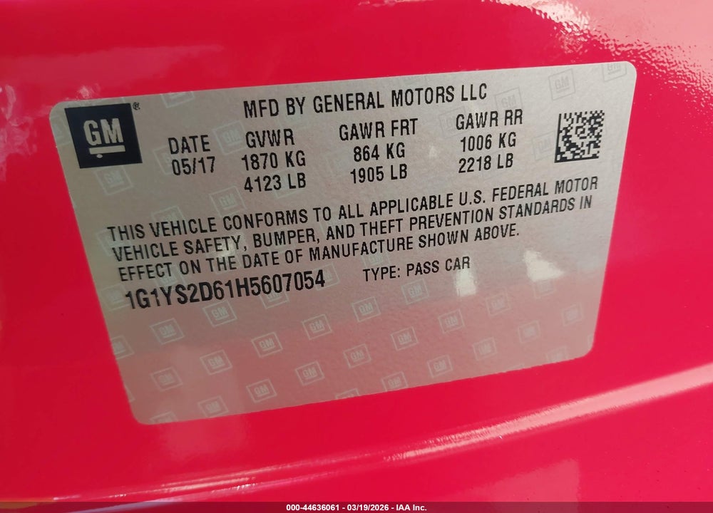 2017 CHEVROLET CORVETTE Z06 VIN: 1G1YS2D61H5607054