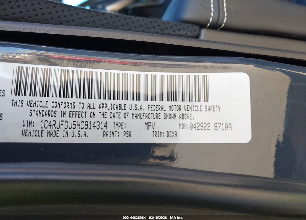 2017 JEEP GRAND CHEROKEE SRT 4X4 VIN: 1C4RJFDJ5HC914314