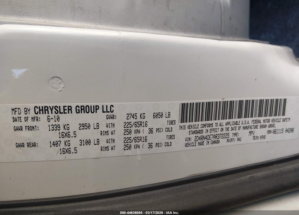 2010 DODGE GRAND CARAVAN SE VIN: 2D4RN4DE7AR372225