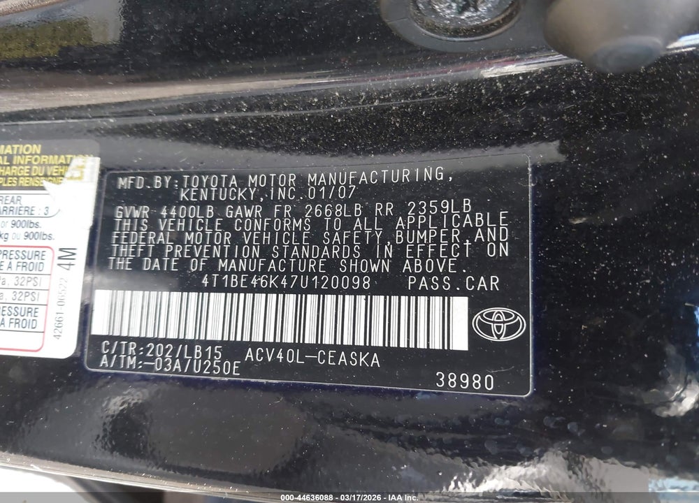 2007 TOYOTA CAMRY SE VIN: 4T1BE46K47U120098