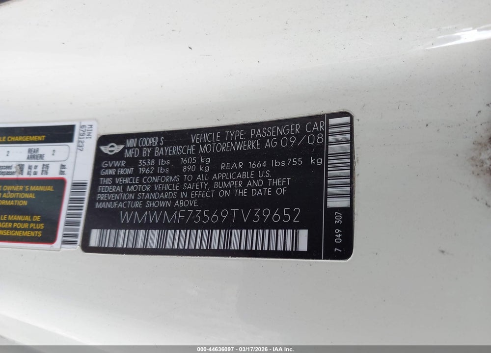 2009 MINI COOPER S VIN: WMWMF73569TV39652
