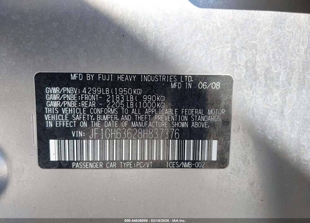 2008 SUBARU IMPREZA OUTBACK SPORT VIN: JF1GH63628H837376
