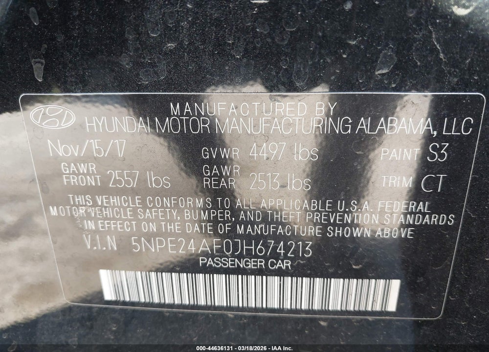 2018 HYUNDAI SONATA SE VIN: 5NPE24AF0JH674213