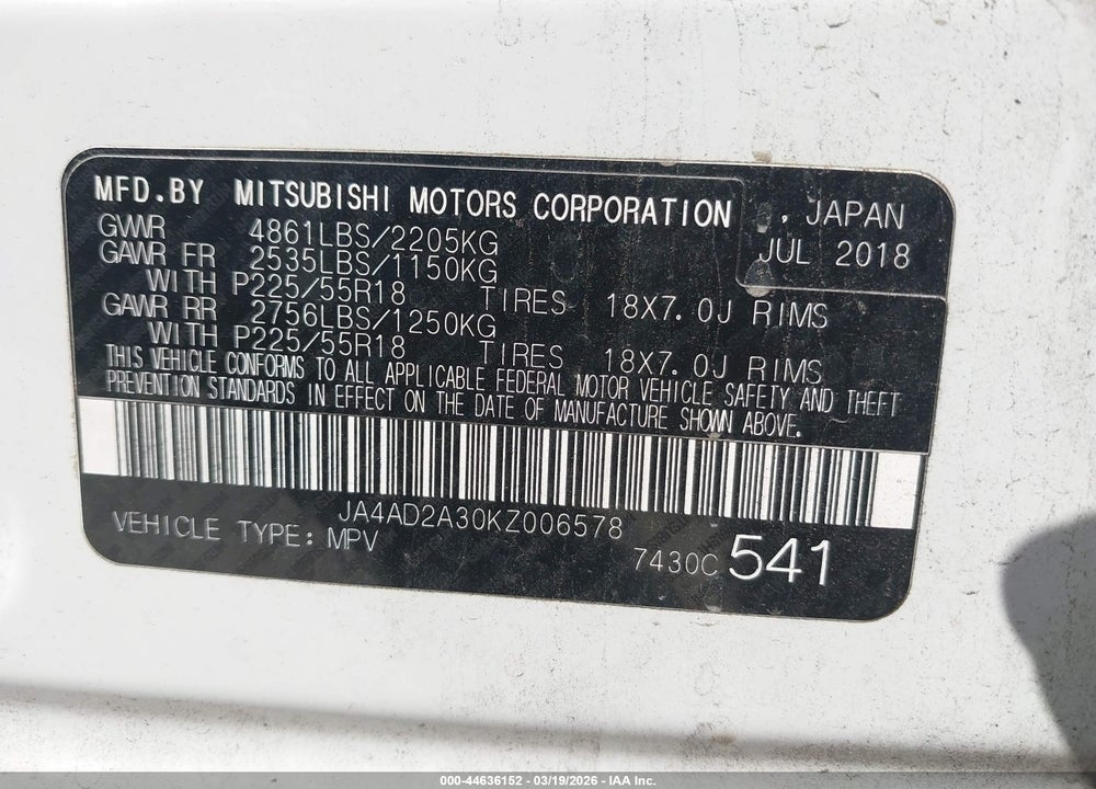 2019 MITSUBISHI OUTLANDER ES VIN: JA4AD2A30KZ006578