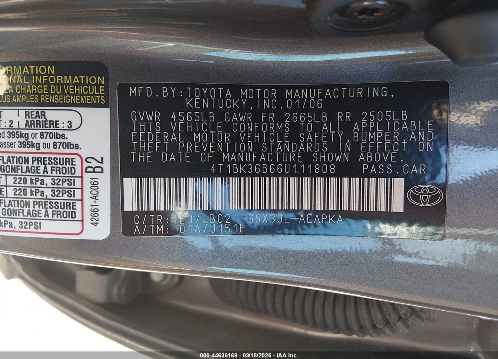 2006 TOYOTA AVALON XL VIN: 4T1BK36B66U111808