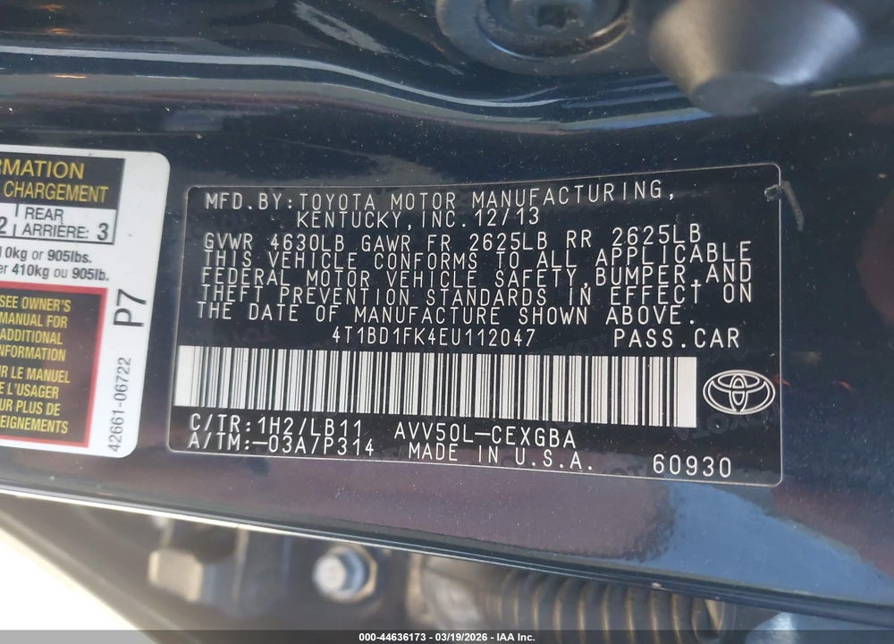 2014 TOYOTA CAMRY HYBRID XLE VIN: 4T1BD1FK4EU112047