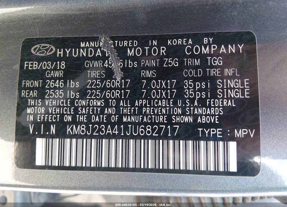 2018 HYUNDAI TUCSON SE VIN: KM8J23A41JU682717