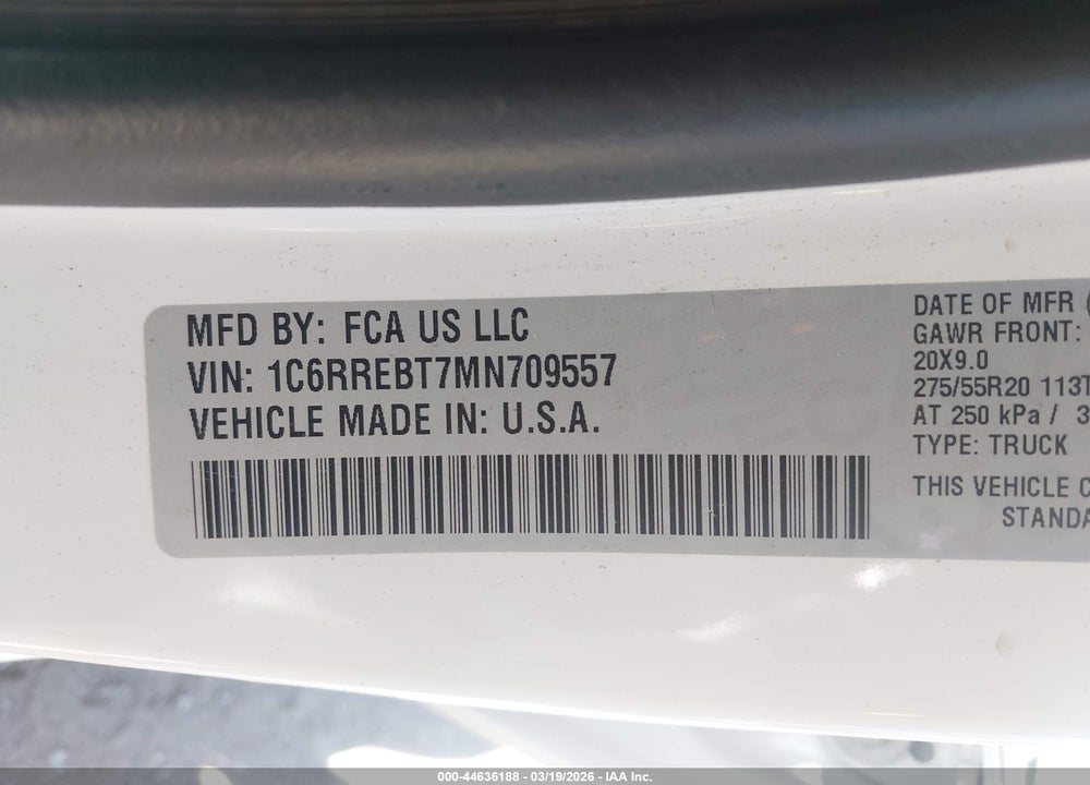 2021 RAM 1500 BIG HORN  4X2 6'4 BOX VIN: 1C6RREBT7MN709557