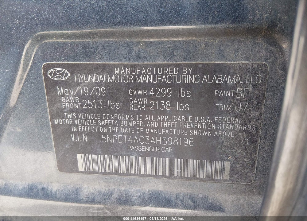 2010 HYUNDAI SONATA GLS VIN: 5NPET4AC3AH598196