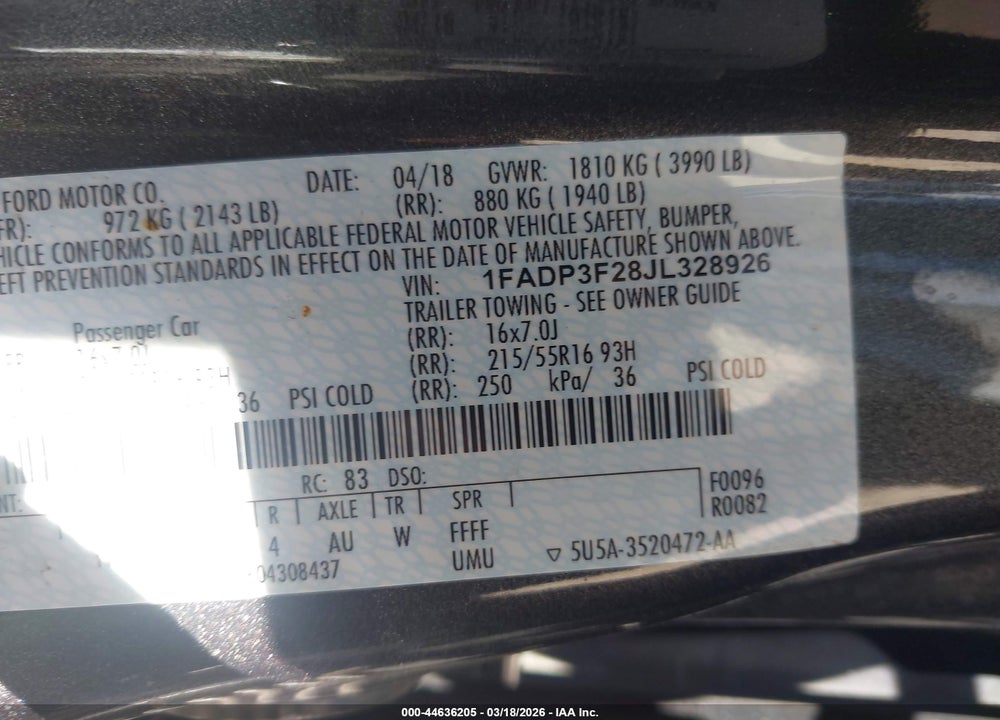 2018 FORD FOCUS SE VIN: 1FADP3F28JL328926