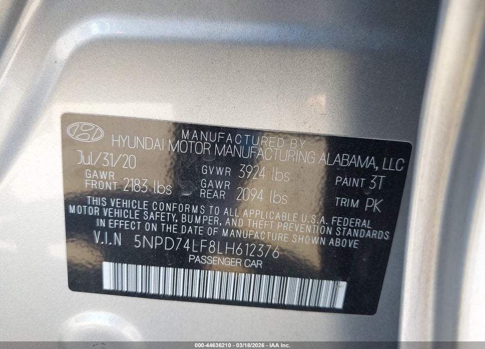 2020 HYUNDAI ELANTRA SE VIN: 5NPD74LF8LH612376
