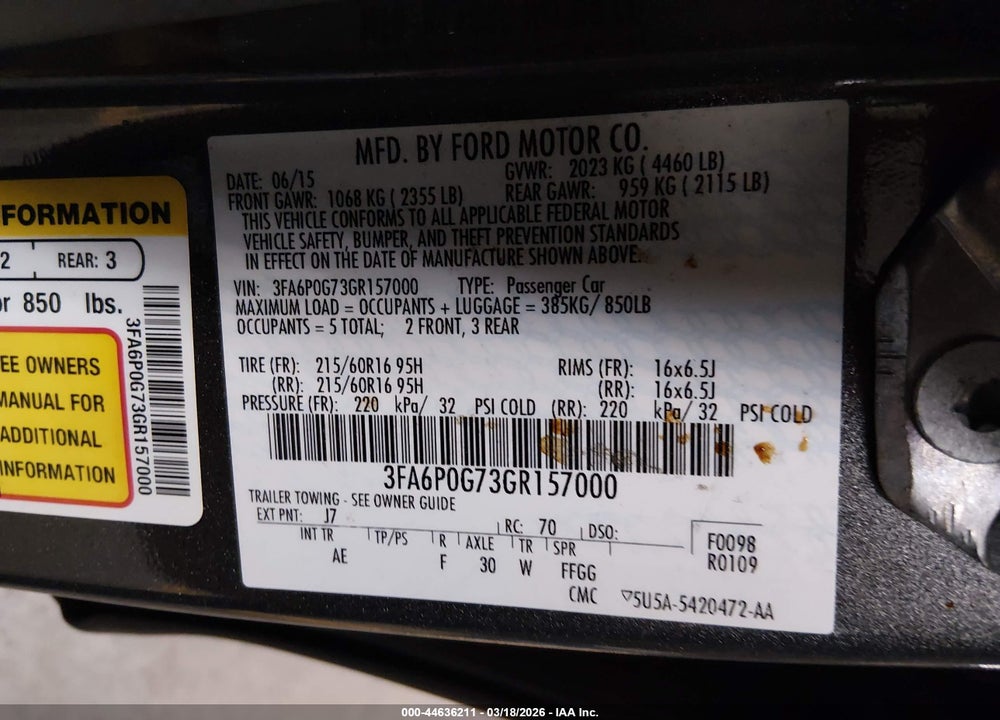 2016 FORD FUSION S VIN: 3FA6P0G73GR157000