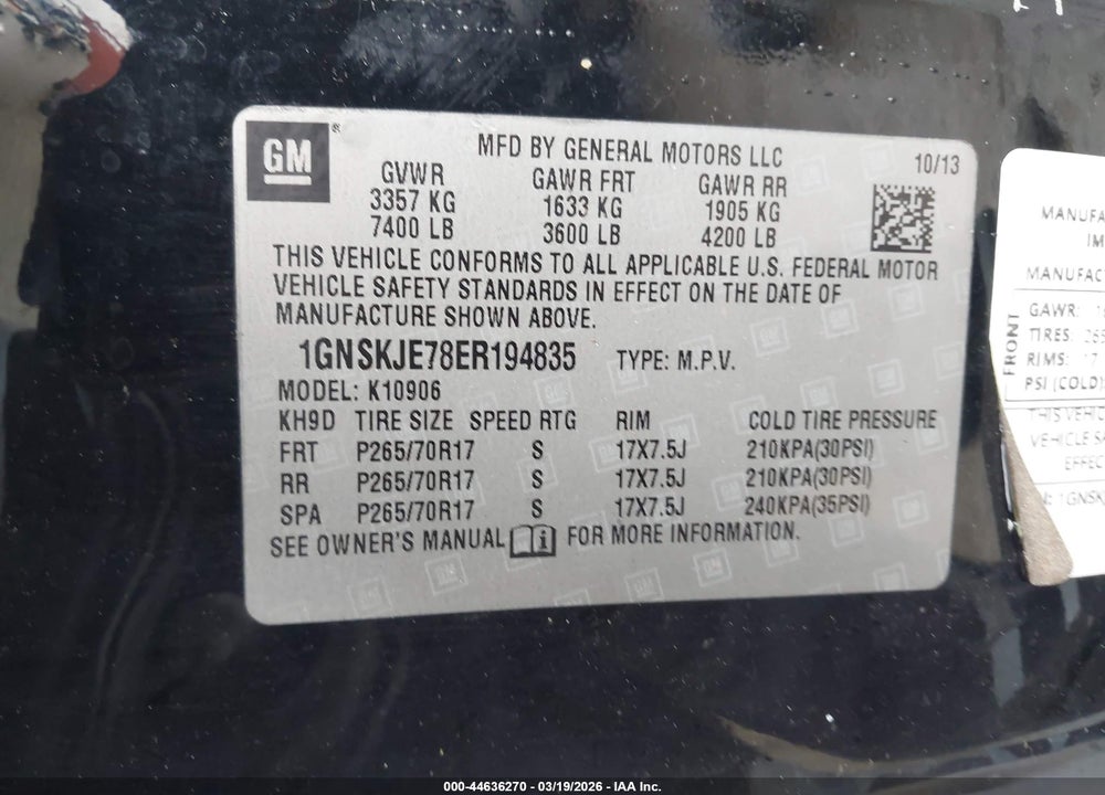 2014 CHEVROLET SUBURBAN 1500 LT VIN: 1GNSKJE78ER194835