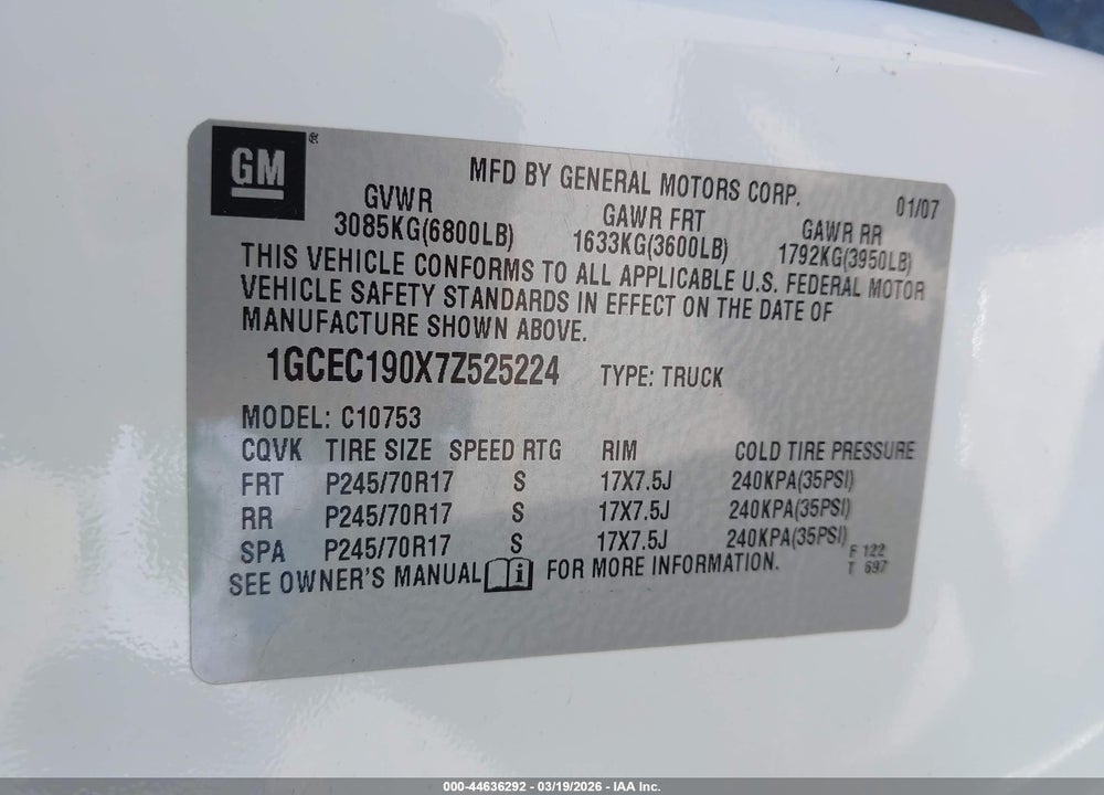 2007 CHEVROLET SILVERADO 1500 LT1 VIN: 1GCEC190X7Z525224