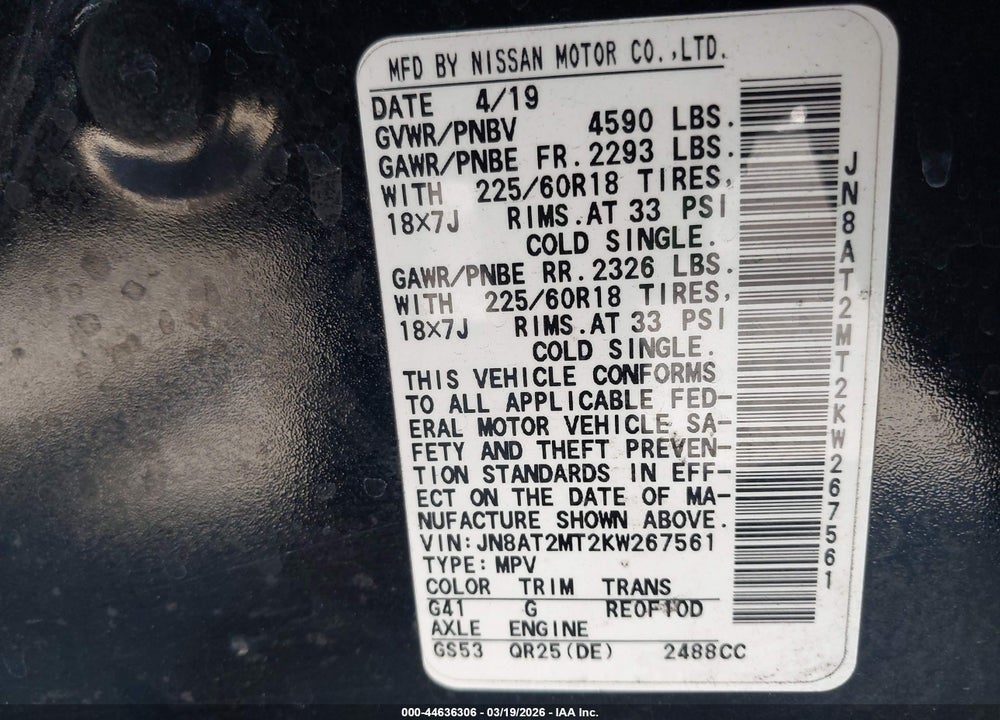 2019 NISSAN ROGUE SV VIN: JN8AT2MT2KW267561