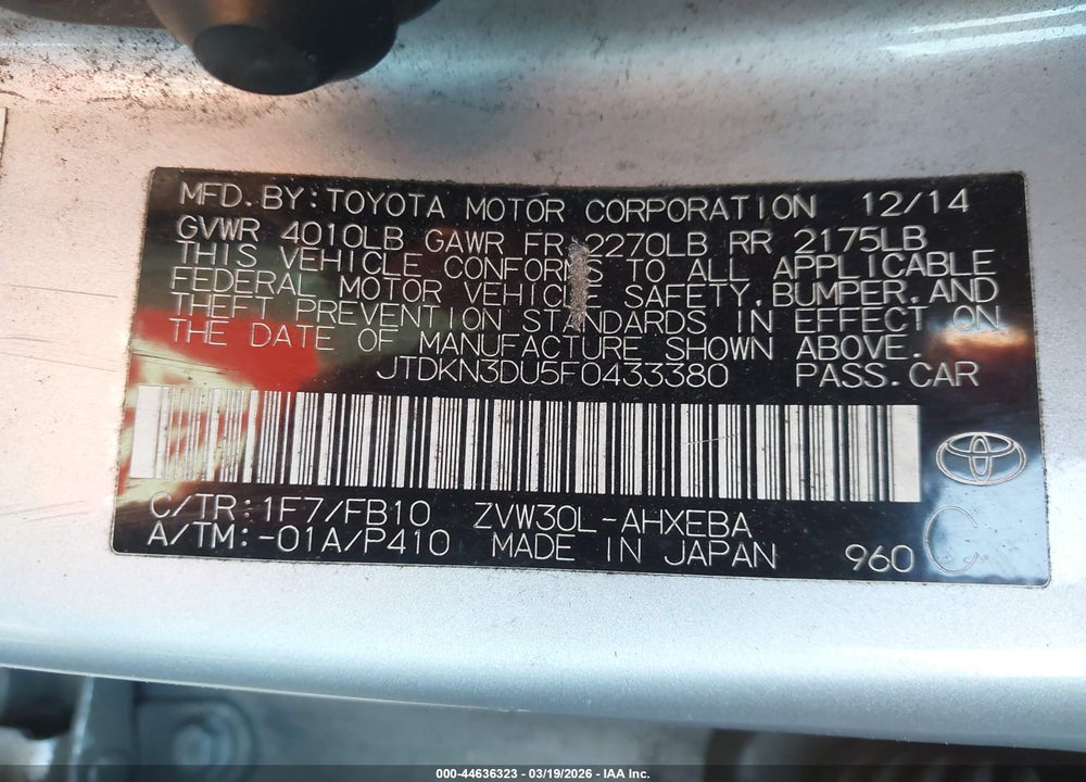 2015 TOYOTA PRIUS TWO VIN: JTDKN3DU5F0433380