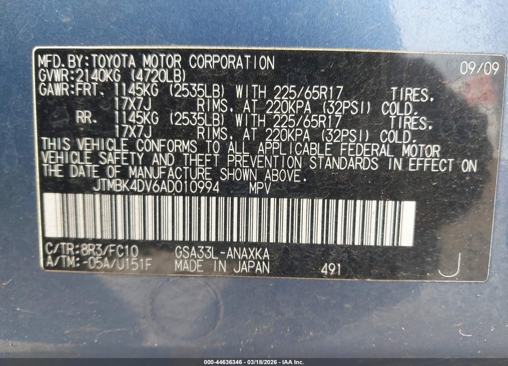 2010 TOYOTA RAV4 BASE V6 VIN: JTMBK4DV6AD010994