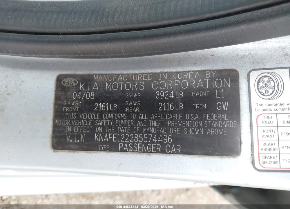 2008 KIA SPECTRA LX VIN: KNAFE122285574496