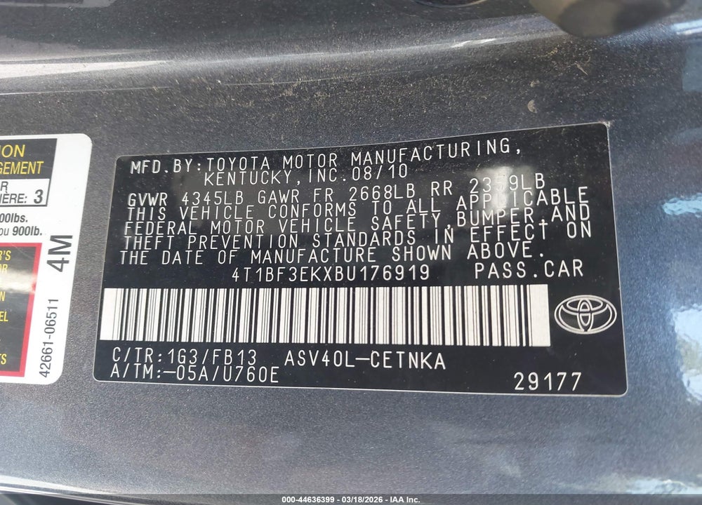 2011 TOYOTA CAMRY LE VIN: 4T1BF3EKXBU176919
