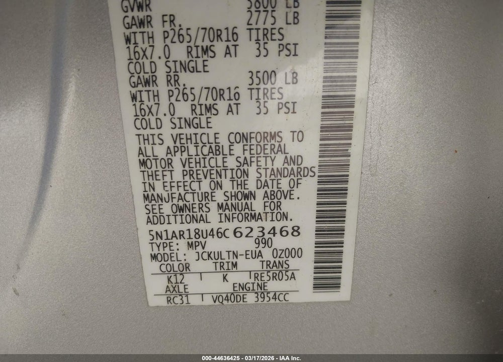 2006 NISSAN PATHFINDER SE VIN: 5N1AR18U46C623468