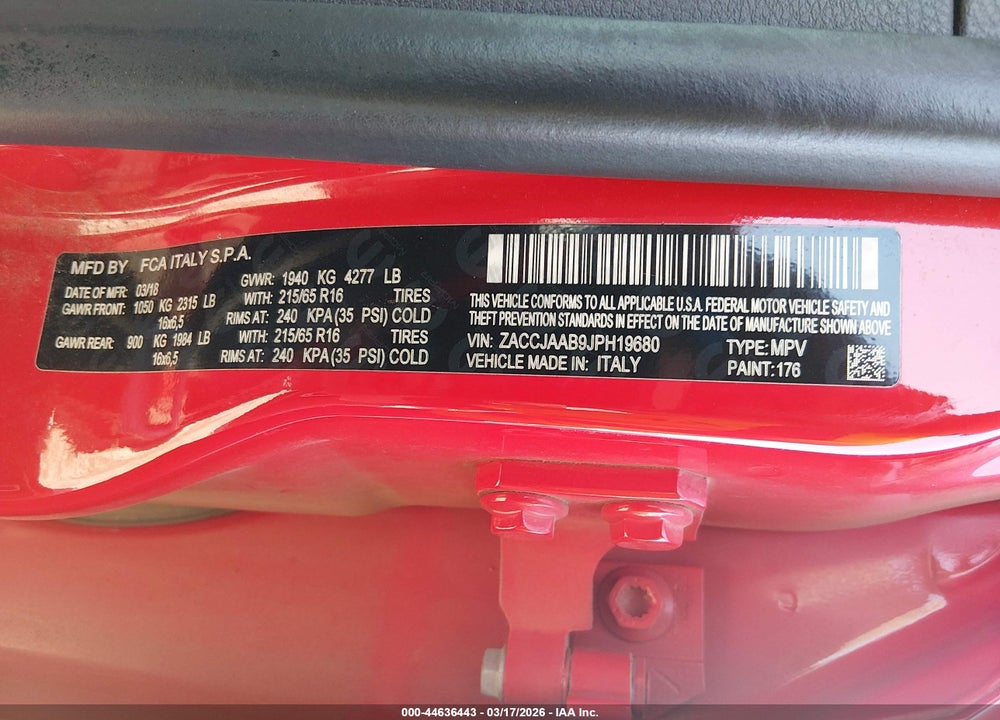 2018 JEEP RENEGADE SPORT FWD VIN: ZACCJAAB9JPH19680