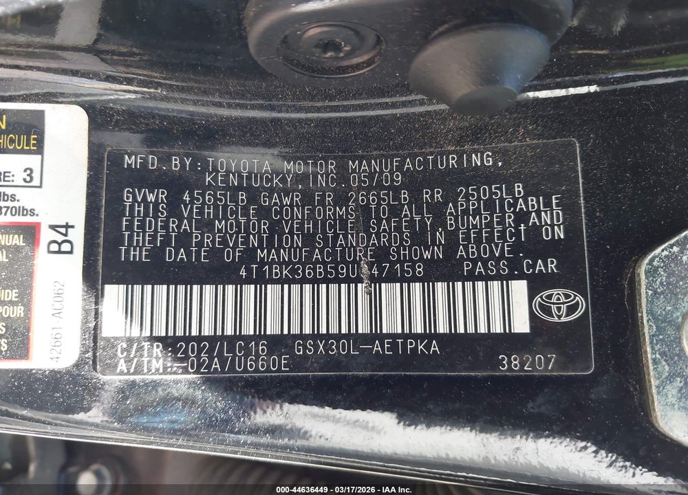2009 TOYOTA AVALON LIMITED VIN: 4T1BK36B59U347158