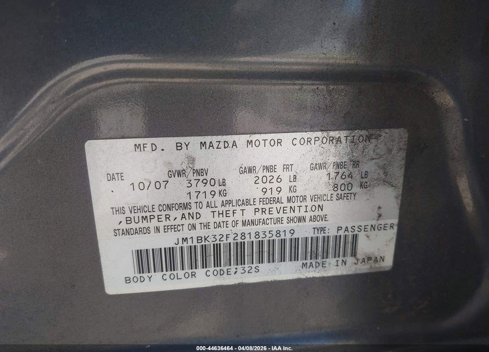 2008 MAZDA 3 I VIN: JM1BK32F281835819