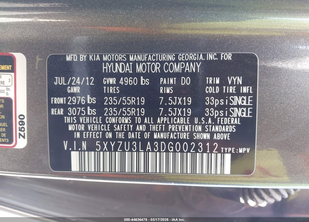 2013 HYUNDAI SANTA FE SPORT 2.0T VIN: 5XYZU3LA3DG002312