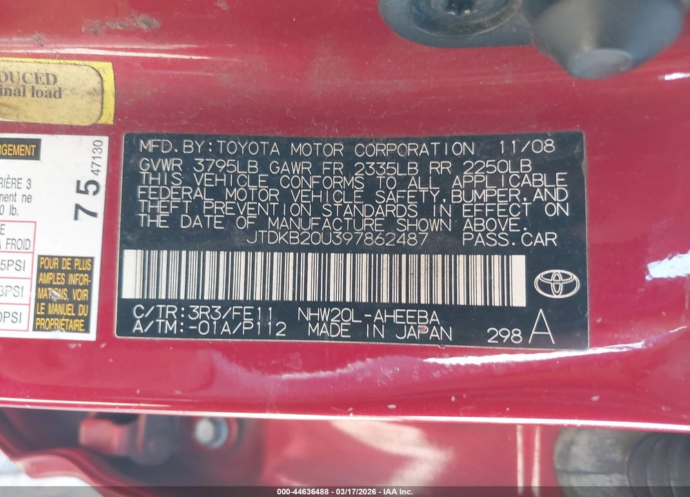 2009 TOYOTA PRIUS VIN: JTDKB20U397862487
