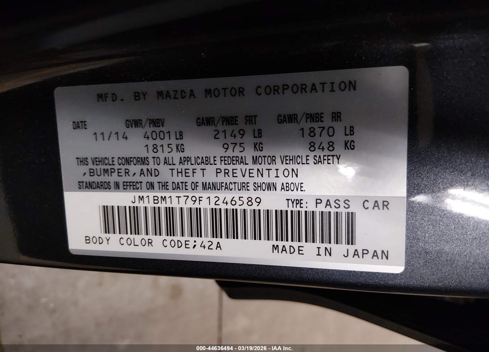 2015 MAZDA 3 I SV VIN: JM1BM1T79F1246589