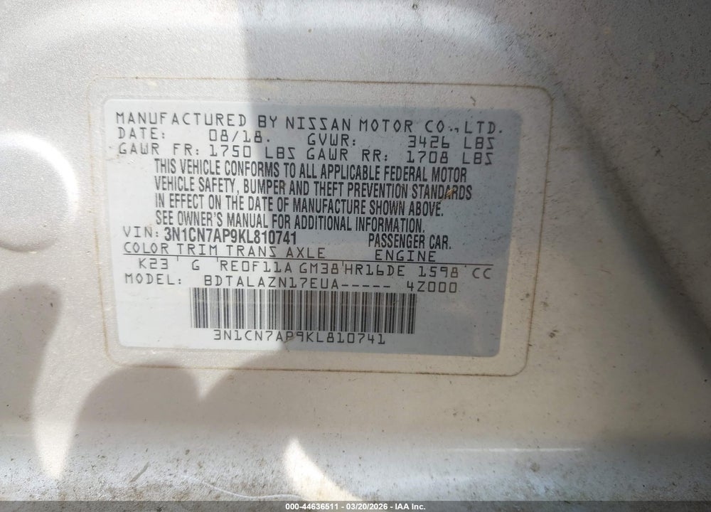 2019 NISSAN VERSA 1.6 S+ VIN: 3N1CN7AP9KL810741