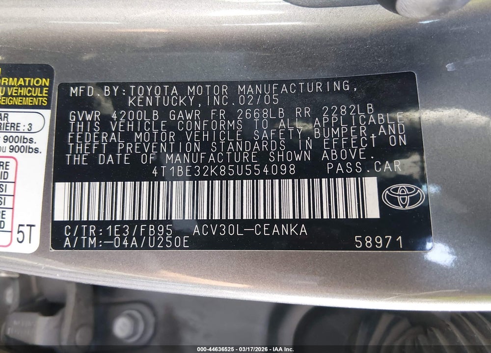 2005 TOYOTA CAMRY STD VIN: 4T1BE32K85U554098