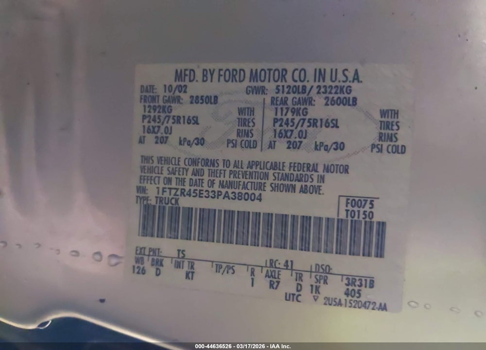 2003 FORD RANGER EDGE/XLT VIN: 1FTZR45E33PA38004
