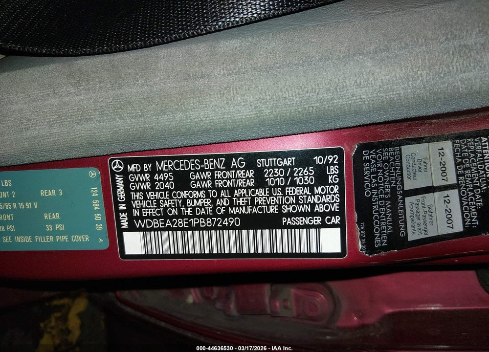 1993 MERCEDES-BENZ 300 E 2.8 VIN: WDBEA28E1PB872490