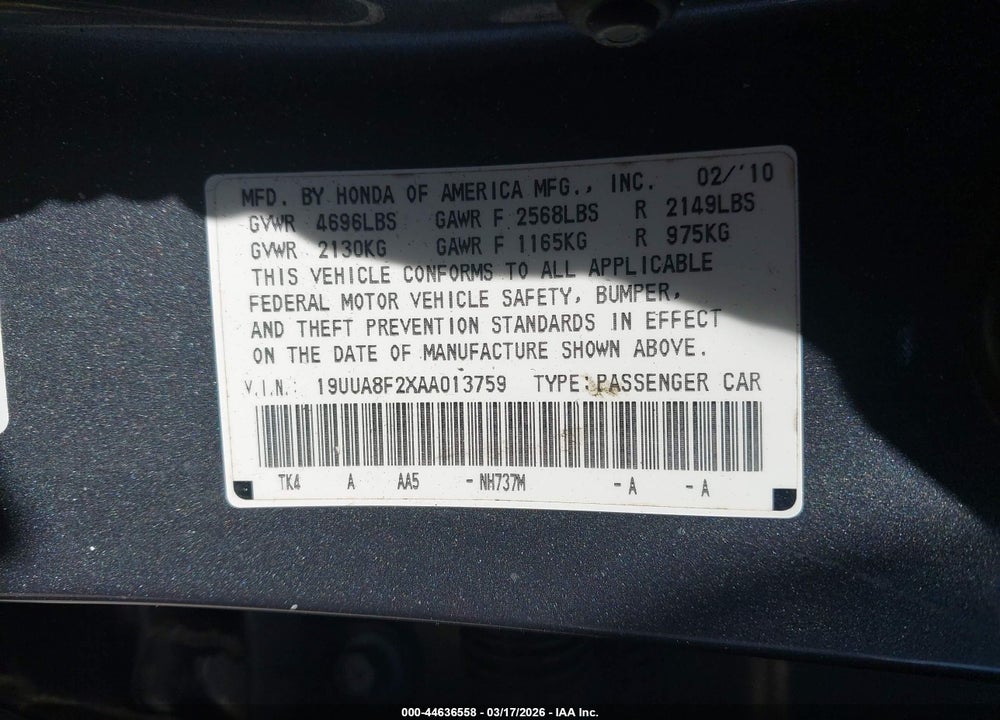 2010 ACURA TL 3.5 VIN: 19UUA8F2XAA013759