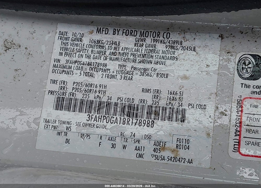 2011 FORD FUSION S VIN: 3FAHP0GA1BR178988