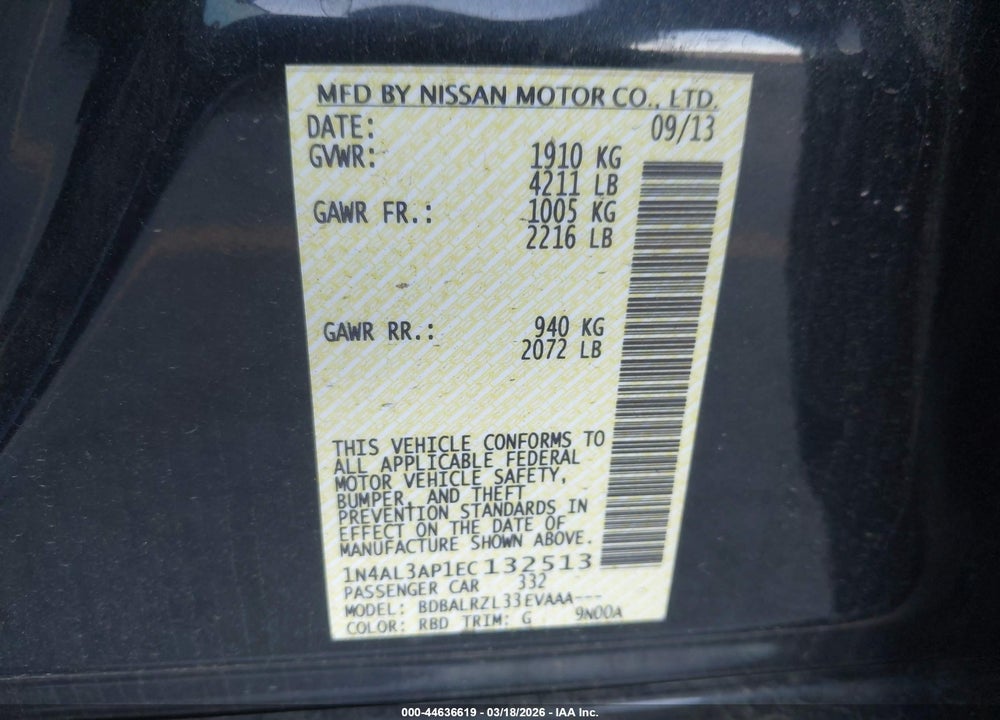 2014 NISSAN ALTIMA 2.5 S VIN: 1N4AL3AP1EC132513