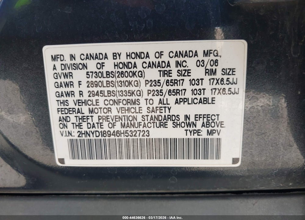 2006 ACURA MDX VIN: 2HNYD18946H532723
