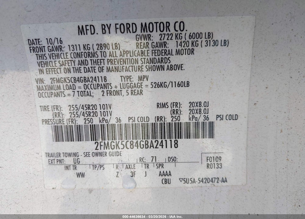 2016 FORD FLEX SEL VIN: 2FMGK5C84GBA24118