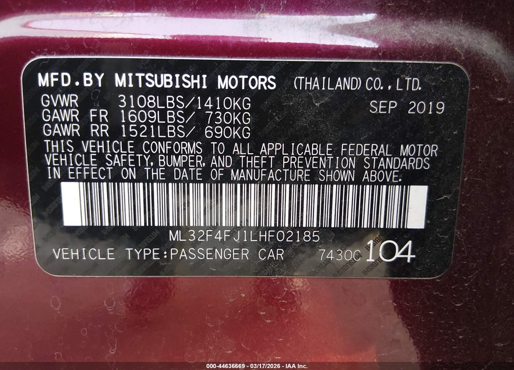 2020 MITSUBISHI MIRAGE G4 VIN: ML32F4FJ1LHF02185