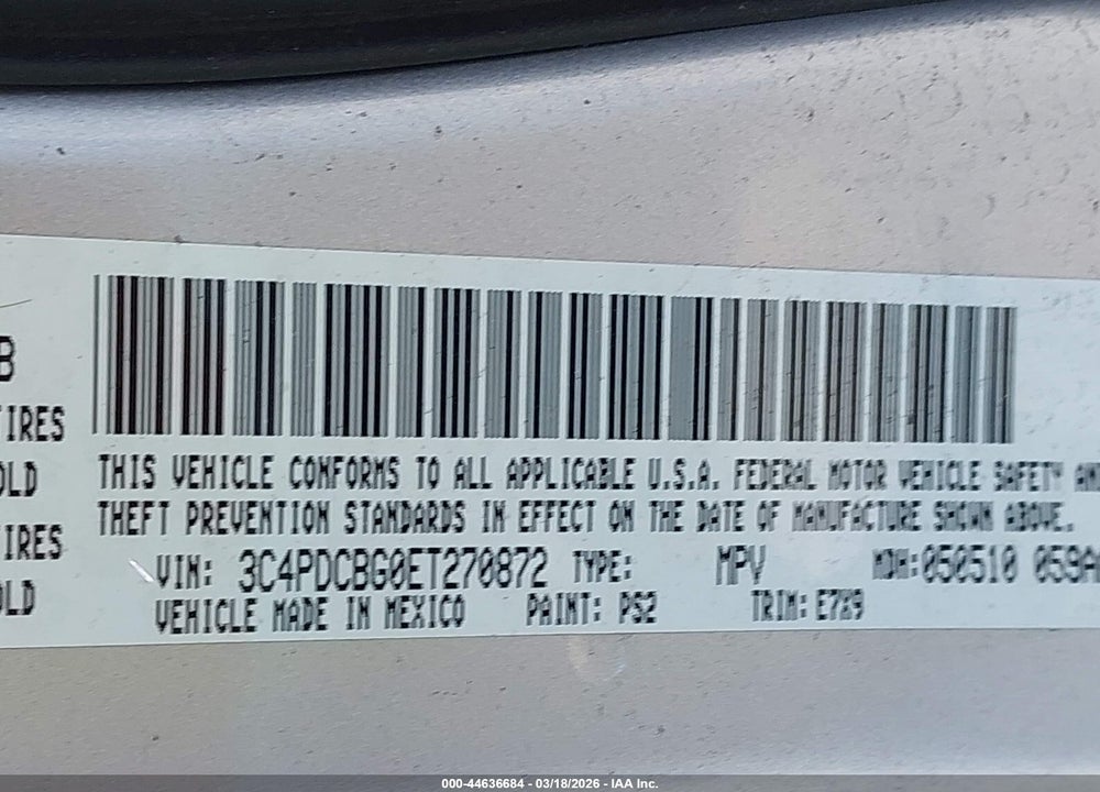 2014 DODGE JOURNEY SXT VIN: 3C4PDCBG0ET270872