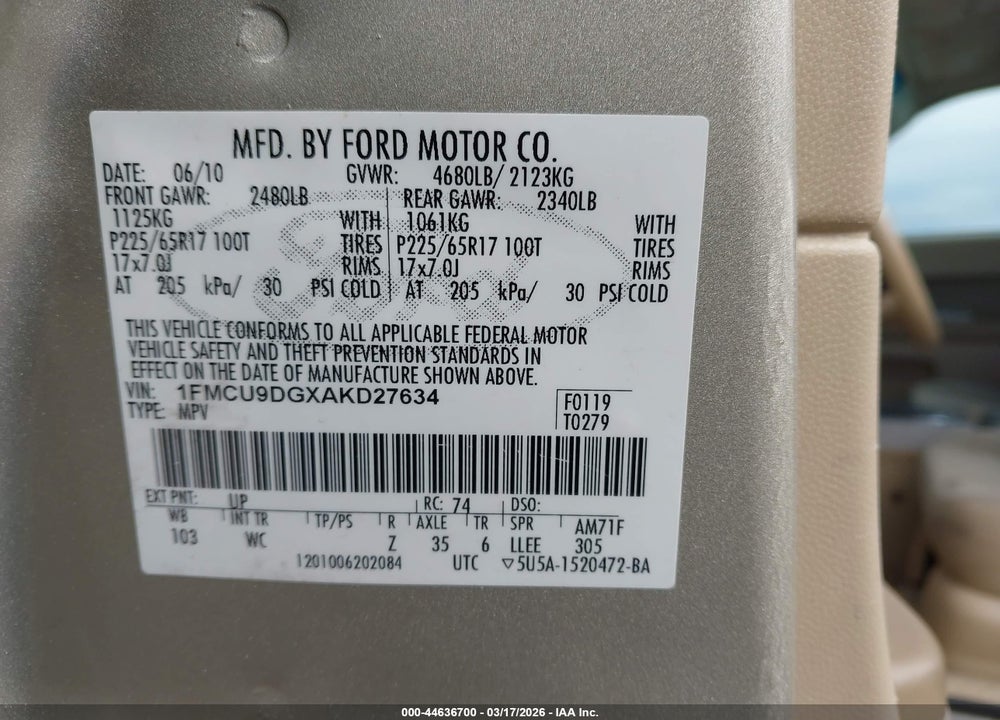 2010 FORD ESCAPE XLT VIN: 1FMCU9DGXAKD27634