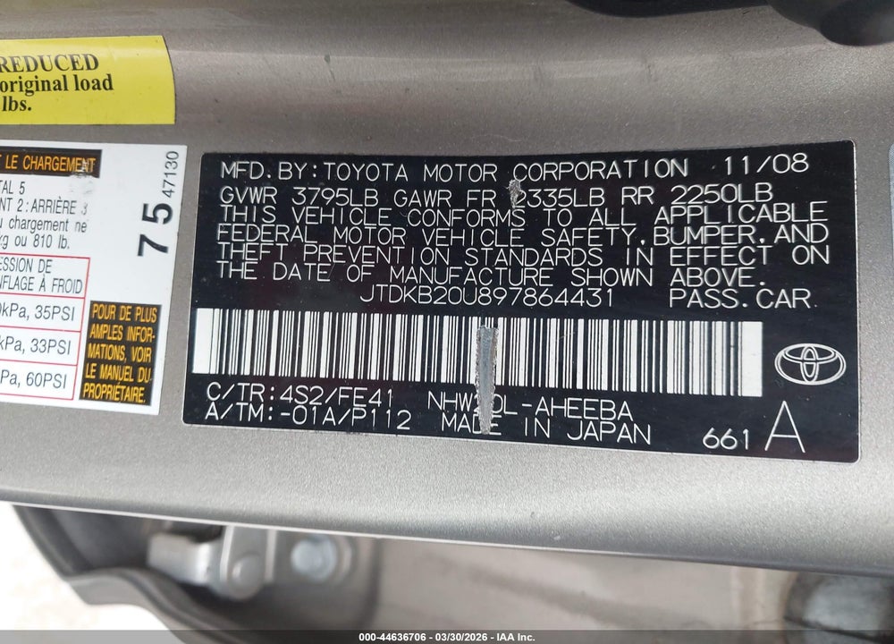 2009 TOYOTA PRIUS VIN: JTDKB20U897864431