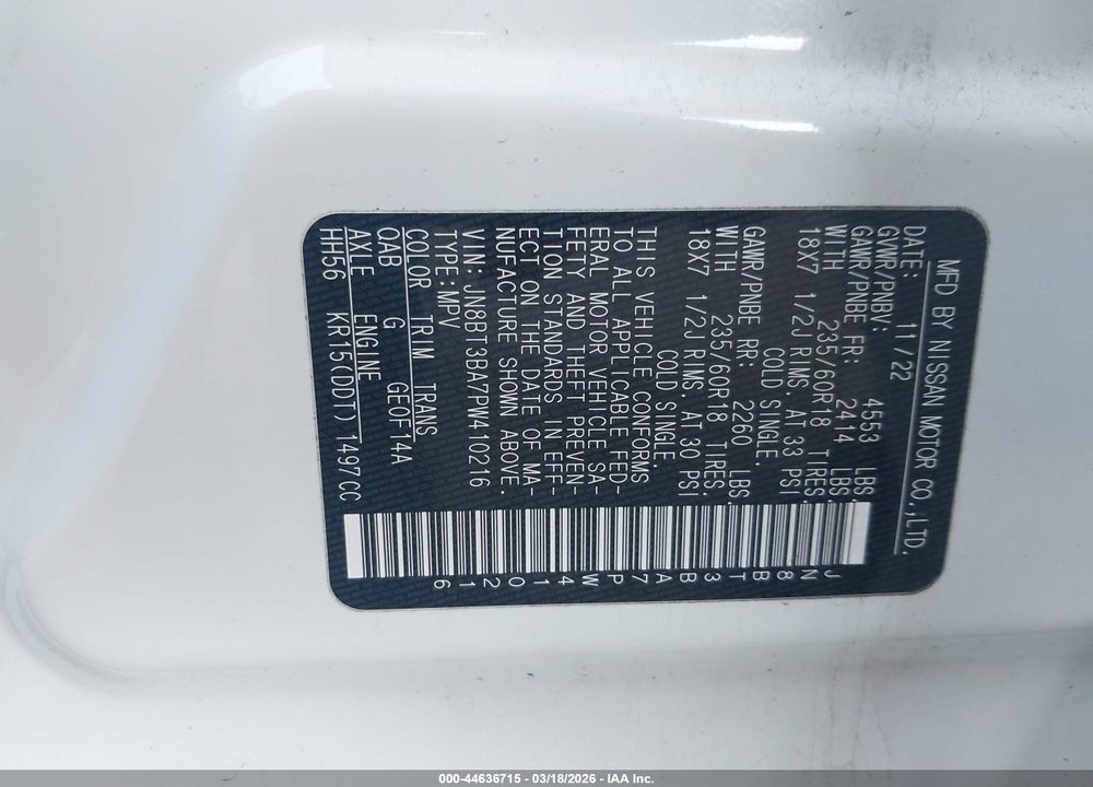 2023 NISSAN ROGUE SV FWD VIN: JN8BT3BA7PW410216