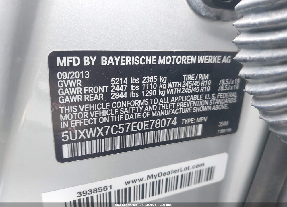 2014 BMW X3 XDRIVE35I VIN: 5UXWX7C57E0E78074