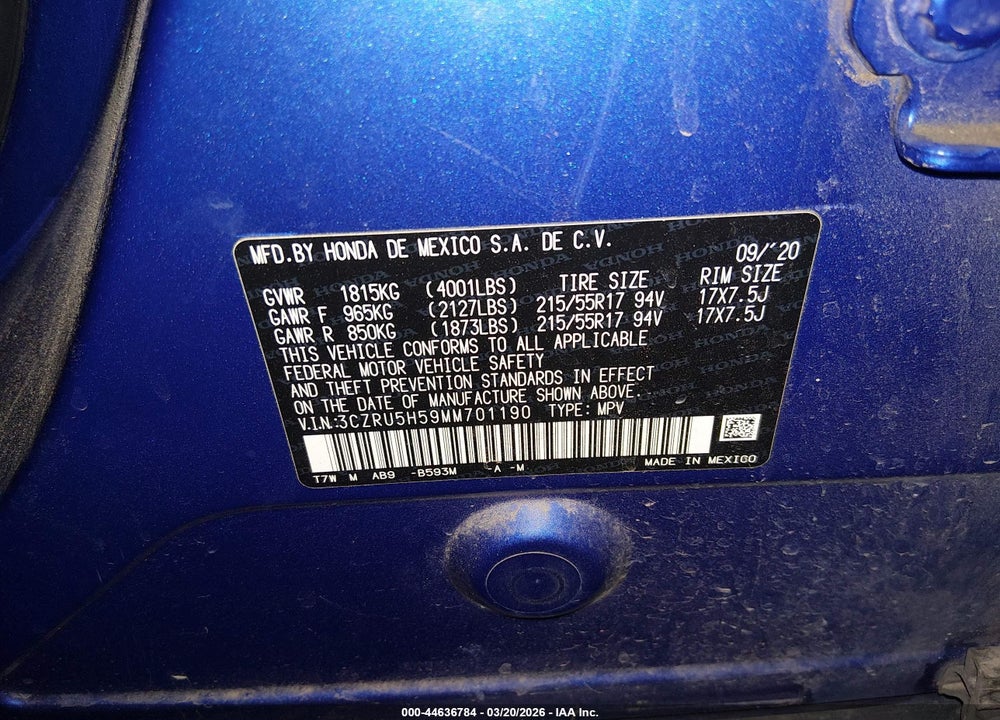 2021 HONDA HR-V 2WD EX VIN: 3CZRU5H59MM701190