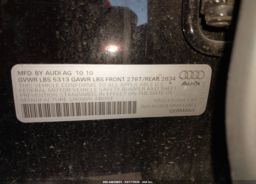 2011 AUDI A6 3.0 PREMIUM VIN: WAUFGAFB3BN033887